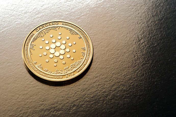 Eine goldfarbene Cardano (ADA) Kryptowährungsmünze ruht auf einer strukturierten, dunklen Oberfläche und zeigt das unverwechselbare Cardano-Logo und detaillierte Inschriften.